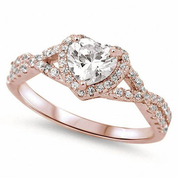 Halo Infinity Shank Heart Ring Round Rose Tone, Simulated CZ 925 Sterling Silver